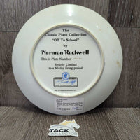 Norman Rockwell Decorative Plate, Stand, "Off To School" #10031 *vgc, mnr stains, rubs, scuffs
