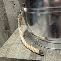 Galvanized Bucket, Jute Handles, sticker/tag *like new, dusty, residue, handles off
