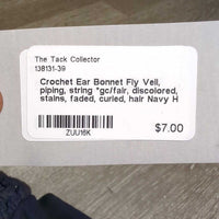 Crochet Ear Bonnet Fly Veil, piping, string *gc/fair, discolored, stains, faded, curled, hair
