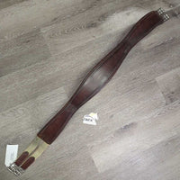 Narrow Leather Girth, 1x els, roller buckles *gc, v.stiff, clean, residue, hairy seams, older, rubs, creased, dented
