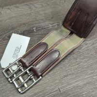 Narrow Leather Girth, 1x els, roller buckles *gc, v.stiff, clean, residue, hairy seams, older, rubs, creased, dented
