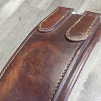 Narrow Leather Girth, 1x els, roller buckles *gc, v.stiff, clean, residue, hairy seams, older, rubs, creased, dented
