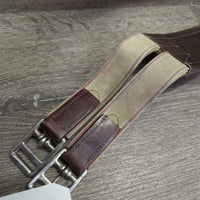 Narrow Leather Girth, 1x els, roller buckles *gc, v.stiff, clean, residue, hairy seams, older, rubs, creased, dented
