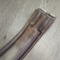 Narrow Leather Girth, 1x els, roller buckles *gc, v.stiff, clean, residue, hairy seams, older, rubs, creased, dented
