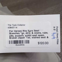 Euro Seat Breeches *gc, dirty & stains, rubs, pills, puckers, pulled seat seam, Broken Zipper Tab, stained seat & legs
