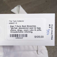 Euro Seat Breeches *gc/fair, discolored seat & legs, stains, dingy, seam rubs & pulls, threads/loose stitching, puckered?creased waist
