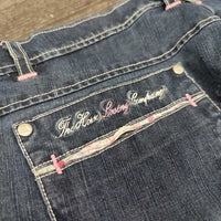 Euro Seat Denim Breeches *gc/fair, pulled seat seam, stains, rubs, hole, faded, seam puckers
