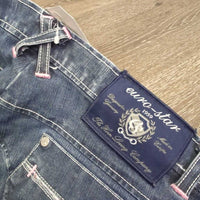 Euro Seat Denim Breeches *gc/fair, pulled seat seam, stains, rubs, hole, faded, seam puckers
