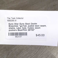 Euro Seat Denim Breeches *gc/fair, pulled seat seam, stains, rubs, hole, faded, seam puckers

