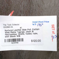 Leather Side Pull, Cotton Web Reins *vgc/gc, clean & film/residue, twists, faded, rubs, stiff
