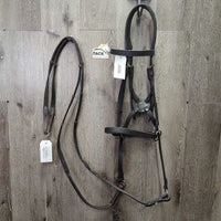 Padded Monocrown Biothane Side Pull, Rsd/FS Cotton Web Reins *xc/vgc, mnr film, dirt & rubs, bent, cracks & faded
