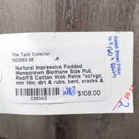 Padded Monocrown Biothane Side Pull, Rsd/FS Cotton Web Reins *xc/vgc, mnr film, dirt & rubs, bent, cracks & faded
