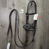 Monorcrown Biothane Side Pull, FS/Rsd Cotton Web Reins *vgc/gc, threads, clean, film, dirt, hair, stiff, scrapes, cracks
