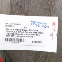 Monorcrown Biothane Side Pull, FS/Rsd Cotton Web Reins *vgc/gc, threads, clean, film, dirt, hair, stiff, scrapes, cracks
