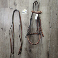FS Rsd Padded Leather Bridle, Curb Reins *vgc, clean & dirty, reins: scraped edges, mismatched?
