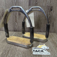 Flexi Stirrup Irons, grips *gc, clean & dirty, sandy, discolored, rubs, scratches, 1 stiff & squeaky, 1 loose
