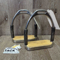 Flexi Stirrup Irons, grips *gc, clean & dirty, sandy, discolored, rubs, scratches, 1 stiff & squeaky, 1 loose
