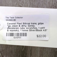 Flexi Stirrup Irons, grips *gc, clean & dirty, sandy, discolored, rubs, scratches, 1 stiff & squeaky, 1 loose
