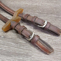 Rsd Braided Reins, Buckles *gc/fair,v v.dry, v.stiff, stains, chewed?split?broken end, rubs, scraped edges, unstitched lace end, residue
