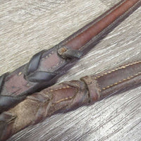 Rsd Braided Reins, Buckles *gc/fair,v v.dry, v.stiff, stains, chewed?split?broken end, rubs, scraped edges, unstitched lace end, residue
