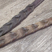 Rsd Braided Reins, Buckles *gc/fair,v v.dry, v.stiff, stains, chewed?split?broken end, rubs, scraped edges, unstitched lace end, residue
