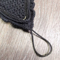 Long Crochet Fly Veil Bonnet, 2x Beaded Bling, nose elastic *gc, mnr hair, dirt & inside stains & fading, curled edges

