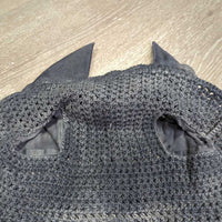 Long Crochet Fly Veil Bonnet, 2x Beaded Bling, nose elastic *gc, mnr hair, dirt & inside stains & fading, curled edges
