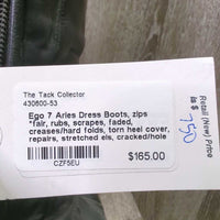 Dress Boots, zips *fair, rubs, scrapes, faded, creases/hard folds, torn heel cover, repairs, stretched els, cracked/hole
