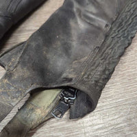 Thick Leather Half Chaps *gc, mnr dirt & residue, rubs, faded, stretched, unstitched seams
