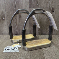 Flexi Stirrup Irons, grips *gc, clean, v.stained, rubs, faded, scuffs, 1: stiff & squeaky
