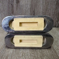 Flexi Stirrup Irons, grips *gc, clean, v.stained, rubs, faded, scuffs, 1: stiff & squeaky

