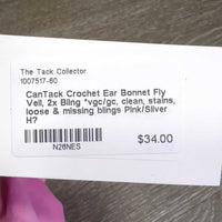 Crochet Ear Bonnet Fly Veil, 2x Bling *vgc/gc, clean, stains, loose & missing blings
