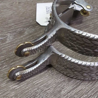 Western Smooth Rowel Spurs, stamped *gc, clean, film/residue, widened
