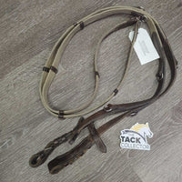 German Martingale, Cotton Web Reins *gc/fair, stiff, dry, edge scrapes, cut end, rusty, bent, warped, dry, mnr dirt, film
