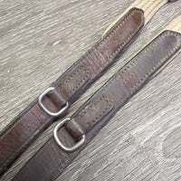 German Martingale, Cotton Web Reins *gc/fair, stiff, dry, edge scrapes, cut end, rusty, bent, warped, dry, mnr dirt, film
