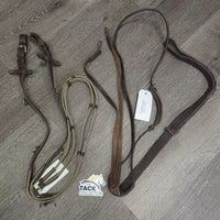 German Martingale, Cotton Web Reins *gc/fair, stiff, dry, edge scrapes, cut end, rusty, bent, warped, dry, mnr dirt, film
