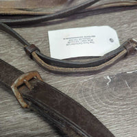 German Martingale, Cotton Web Reins *gc/fair, stiff, dry, edge scrapes, cut end, rusty, bent, warped, dry, mnr dirt, film
