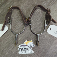 SMALL Fine Narrow Stamped Western Rowel Spurs, Plain Leather Spur Straps, "leaf design" *vgc, clean, mnr film, scuffs, edge scrapes & scratches
