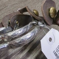 SMALL Fine Narrow Stamped Western Rowel Spurs, Plain Leather Spur Straps, "leaf design" *vgc, clean, mnr film, scuffs, edge scrapes & scratches

