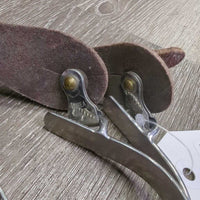 SMALL Fine Narrow Stamped Western Rowel Spurs, Plain Leather Spur Straps, "leaf design" *vgc, clean, mnr film, scuffs, edge scrapes & scratches
