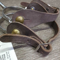SMALL Fine Narrow Stamped Western Rowel Spurs, Plain Leather Spur Straps, "leaf design" *vgc, clean, mnr film, scuffs, edge scrapes & scratches

