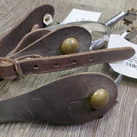 SMALL Fine Narrow Stamped Western Rowel Spurs, Plain Leather Spur Straps, "leaf design" *vgc, clean, mnr film, scuffs, edge scrapes & scratches
