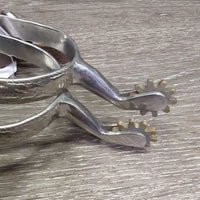 SMALL Fine Narrow Stamped Western Rowel Spurs, Plain Leather Spur Straps, "leaf design" *vgc, clean, mnr film, scuffs, edge scrapes & scratches
