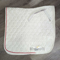 Quilt Dressage Saddle Pad, piping, tabs, velcro number holder *gc, clean, dingy, pilly, mnr hair, stains, dirt, curled edges, puckers

