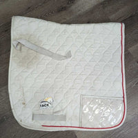 Quilt Dressage Saddle Pad, piping, tabs, velcro number holder *gc, clean, dingy, pilly, mnr hair, stains, dirt, curled edges, puckers
