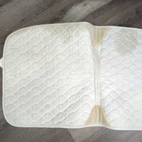 Quilt Dressage Saddle Pad, piping, tabs, velcro number holder *gc, clean, dingy, pilly, mnr hair, stains, dirt, curled edges, puckers
