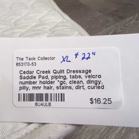 Quilt Dressage Saddle Pad, piping, tabs, velcro number holder *gc, clean, dingy, pilly, mnr hair, stains, dirt, curled edges, puckers
