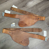 2 Leather Fenders, Tooled corners, 2x stirrup adjusters *gc, creases, stains, chewed/torn end
