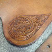2 Leather Fenders, Tooled corners, 2x stirrup adjusters *gc, creases, stains, chewed/torn end
