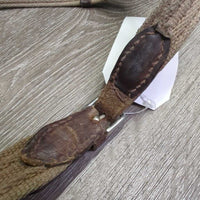 Wide Cotton Web Reins, finger stoppers, *gc, dirty, rubs, scrapes, chewed, stains, faded, older, stiff, dry
